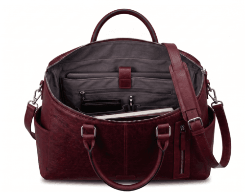 Open Front view of DayLifeLeather handcrafted maroon textured leather briefcase bag with shoulder strap on a white background.