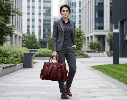 Model view of DayLifeLeather handcrafted maroon textured leather briefcase bag with shoulder strap on a white background.