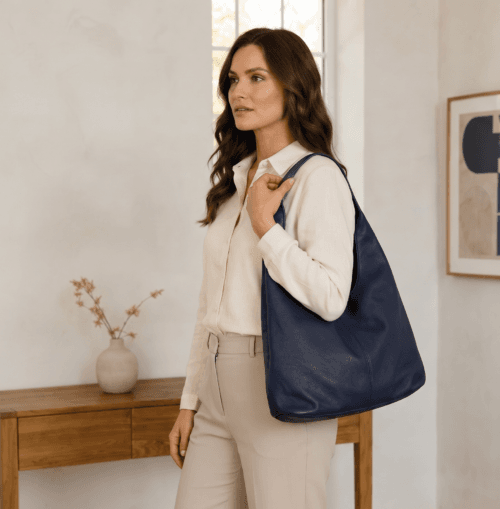 Handcrafted Genuine Leather Navy Blue Hobo Shoulder Bag for Women