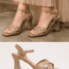 DayLife Leather premium nude color criss cross strappy block heel sandals for women next to its brand packaging box