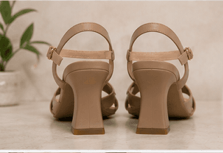 DayLife Leather premium nude color criss cross strappy block heel sandals for women next to its brand packaging box