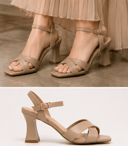 DayLife Leather premium nude color criss cross strappy block heel sandals for women next to its brand packaging box