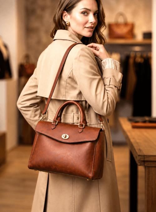 Royal Fold Heritage Tote | Daylife Leather Royal Fold Heritage Tote – vintage cognac leather handbag with gold turn-lock closure by Daylife Leather
