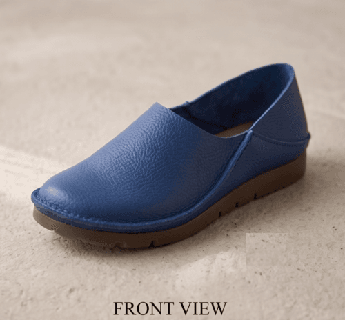 Men's navy blue pebbled leather slip-on shoes with beige ribbed sock-style collar and brown rubber sole