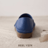 Men's navy blue pebbled leather slip-on shoes with beige ribbed sock-style collar and brown rubber sole