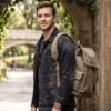 Daylife Leather multi-view photo of a vintage green canvas backpack, showing front, side, and open interior views with dimensions for width, depth, and height. The premium olive-drab canvas bag has brown leather accents, multiple pockets, and a spacious lined interior.
