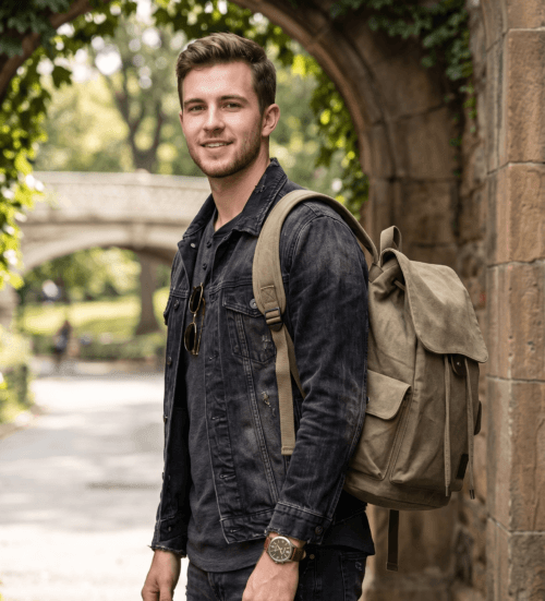 Daylife Leather multi-view photo of a vintage green canvas backpack, showing front, side, and open interior views with dimensions for width, depth, and height. The premium olive-drab canvas bag has brown leather accents, multiple pockets, and a spacious lined interior.