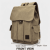Daylife Leather multi-view photo of a vintage green canvas backpack, showing front, side, and open interior views with dimensions for width, depth, and height. The premium olive-drab canvas bag has brown leather accents, multiple pockets, and a spacious lined interior.