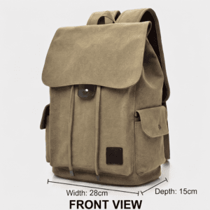 Daylife Leather multi-view photo of a vintage green canvas backpack, showing front, side, and open interior views with dimensions for width, depth, and height. The premium olive-drab canvas bag has brown leather accents, multiple pockets, and a spacious lined interior.