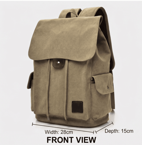 Daylife Leather multi-view photo of a vintage green canvas backpack, showing front, side, and open interior views with dimensions for width, depth, and height. The premium olive-drab canvas bag has brown leather accents, multiple pockets, and a spacious lined interior.