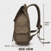 Daylife Leather multi-view photo of a vintage green canvas backpack, showing front, side, and open interior views with dimensions for width, depth, and height. The premium olive-drab canvas bag has brown leather accents, multiple pockets, and a spacious lined interior.