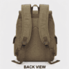 Daylife Leather multi-view photo of a vintage green canvas backpack, showing front, side, and open interior views with dimensions for width, depth, and height. The premium olive-drab canvas bag has brown leather accents, multiple pockets, and a spacious lined interior.