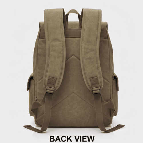 Daylife Leather multi-view photo of a vintage green canvas backpack, showing front, side, and open interior views with dimensions for width, depth, and height. The premium olive-drab canvas bag has brown leather accents, multiple pockets, and a spacious lined interior.