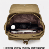 Daylife Leather multi-view photo of a vintage green canvas backpack, showing front, side, and open interior views with dimensions for width, depth, and height. The premium olive-drab canvas bag has brown leather accents, multiple pockets, and a spacious lined interior.