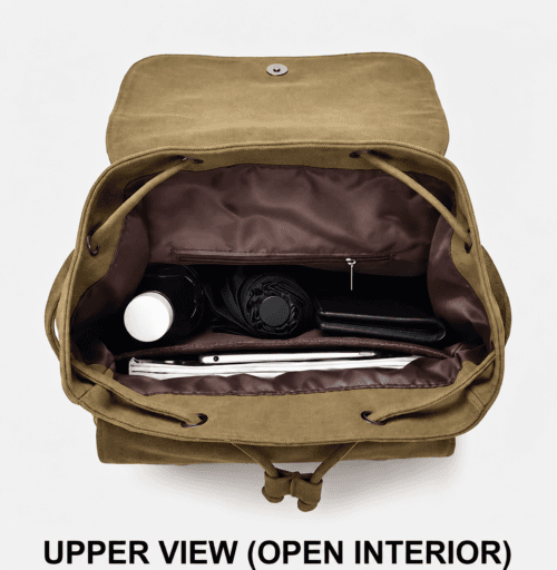 Daylife Leather multi-view photo of a vintage green canvas backpack, showing front, side, and open interior views with dimensions for width, depth, and height. The premium olive-drab canvas bag has brown leather accents, multiple pockets, and a spacious lined interior.