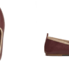 Men's maroon leather juti slip-on shoes with beige piping and suede-lined interior, side view