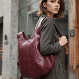 maroon_model_travel DayLife Leather handcrafted maroon ergonomic leather backpack worn by a female model on an urban street
