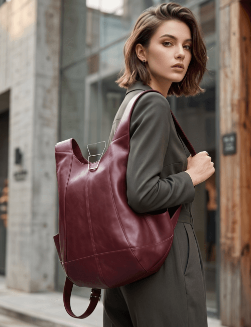 DayLife Leather handcrafted maroon ergonomic leather backpack worn by a female model on an urban street