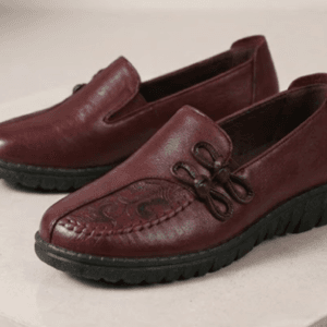 Men's Burgundy Leather Bow Loafers – side View Top view of men's burgundy leather loafers with handcrafted knotted bow detail