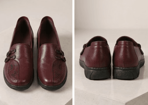 Top view of men's burgundy leather loafers with handcrafted knotted bow detail