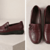 Top view of men's burgundy leather loafers with handcrafted knotted bow detail