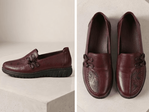 Top view of men's burgundy leather loafers with handcrafted knotted bow detail