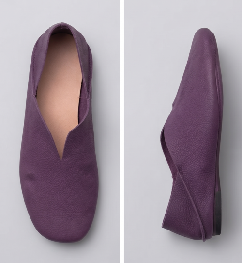 A product photography composite image showing a pair of handcrafted deep purple, pebbled leather flat shoes arranged in three views on a light gray background. The left panel shows the top-down (upper) view, the center panel shows the side profile, and the right panel shows the rear (back) view.
