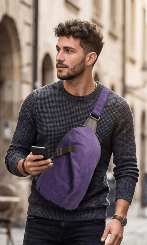 Male model wearing a vintage purple waxed canvas crossbody sling backpack by Daylife Leather on an urban cobblestone street, featuring product close-up and open interior view.