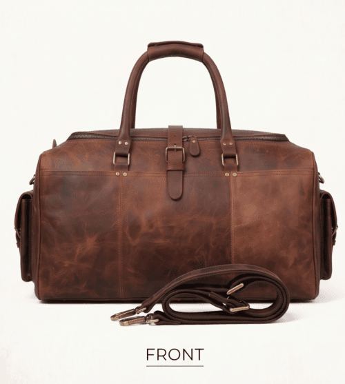 Brown genuine leather travel backpack with detachable shoulder strap