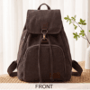 Daylife Leather dark brown canvas backpack showing front, side, padded back, and open upper interior compartment views.