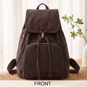 Daylife Leather dark brown canvas backpack showing front, side, padded back, and open upper interior compartment views.