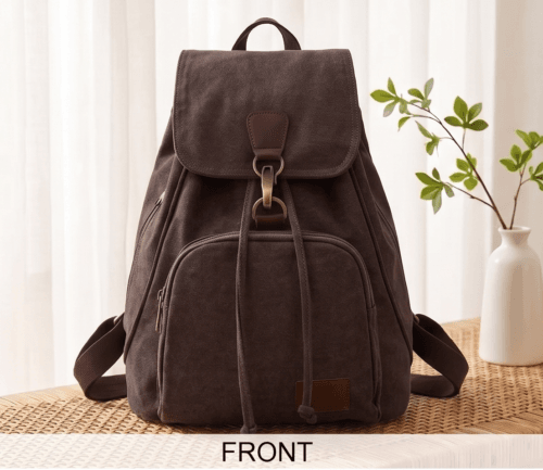 Daylife Leather dark brown canvas backpack showing front, side, padded back, and open upper interior compartment views.