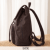 Daylife Leather dark brown canvas backpack showing front, side, padded back, and open upper interior compartment views.