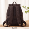 Daylife Leather dark brown canvas backpack showing front, side, padded back, and open upper interior compartment views.