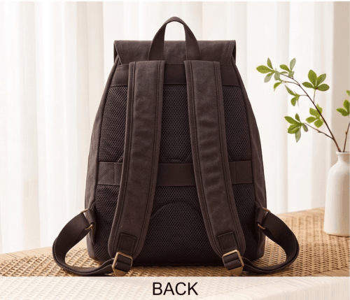 Daylife Leather dark brown canvas backpack showing front, side, padded back, and open upper interior compartment views.