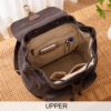Daylife Leather dark brown canvas backpack showing front, side, padded back, and open upper interior compartment views.