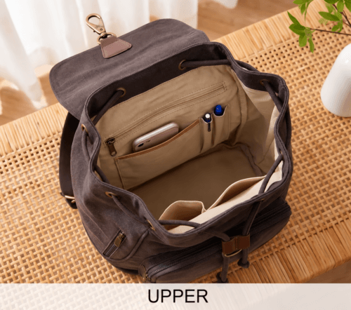 Daylife Leather dark brown canvas backpack showing front, side, padded back, and open upper interior compartment views.