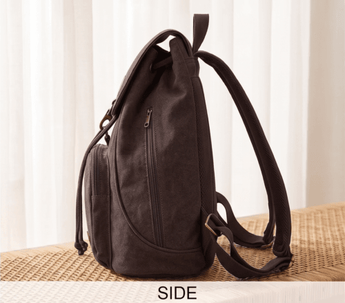 Daylife Leather dark brown canvas backpack showing front, side, padded back, and open upper interior compartment views.